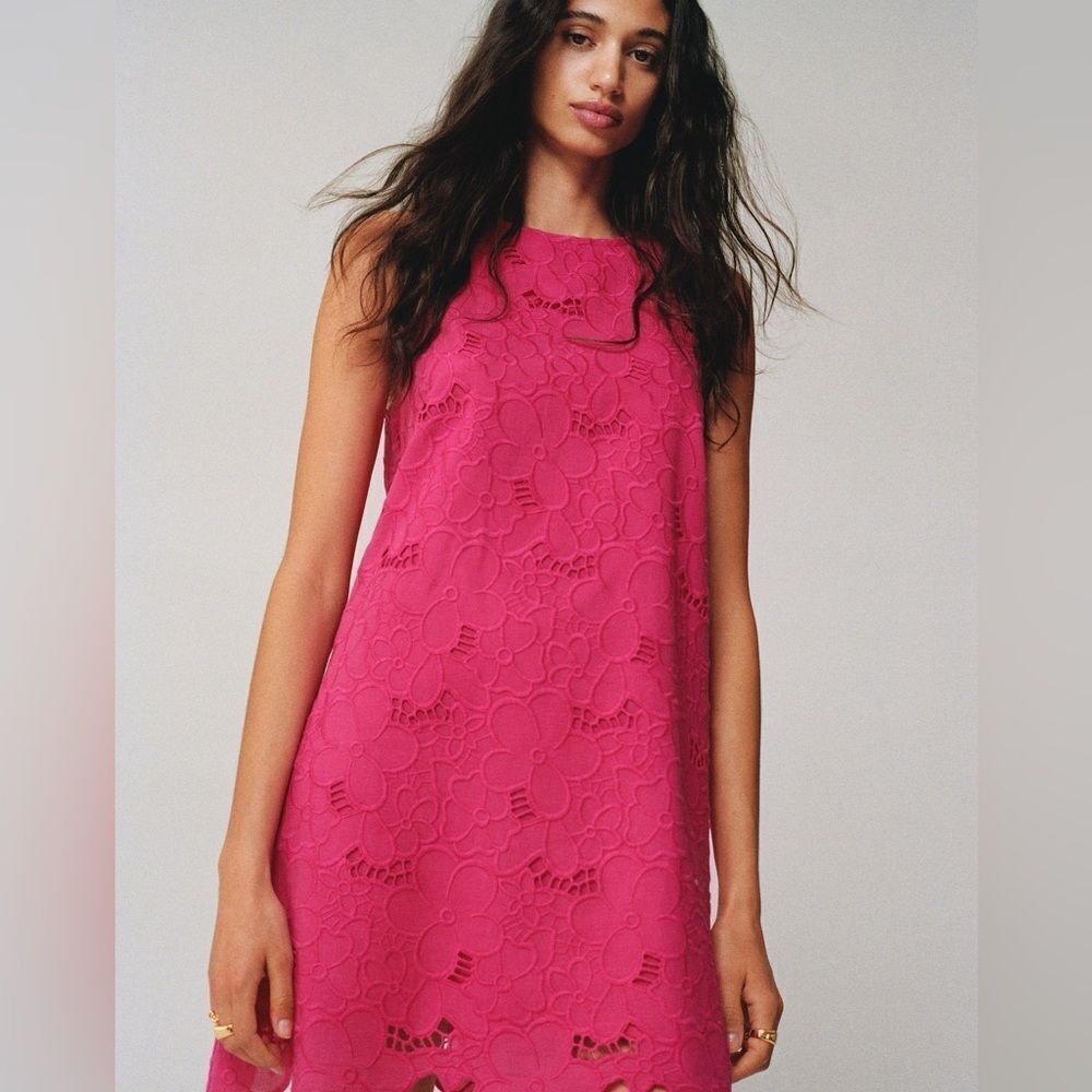 Mango openwork embroidered pink cotton mini dress